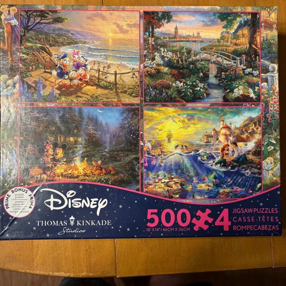 Disney Thomas Kinkade 4 Puzzle Set 500 Pieces Each Ceaco Bonus Poster